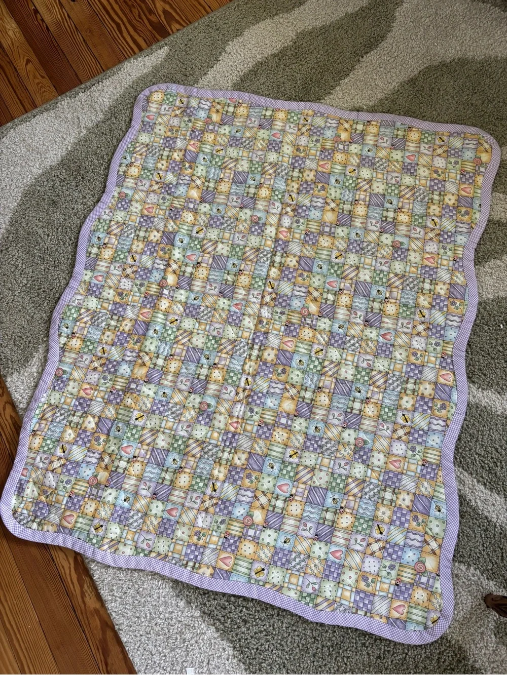 Vintage quilt baby bumble bee Pastel Bear Baby Quilt in Green and Lavender